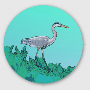 Blue Heron sticker, circle, 2 inch