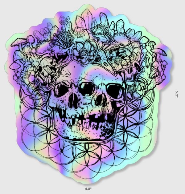 Crystal Skull sticker, holographic, contour, 4.8x5.2 inch